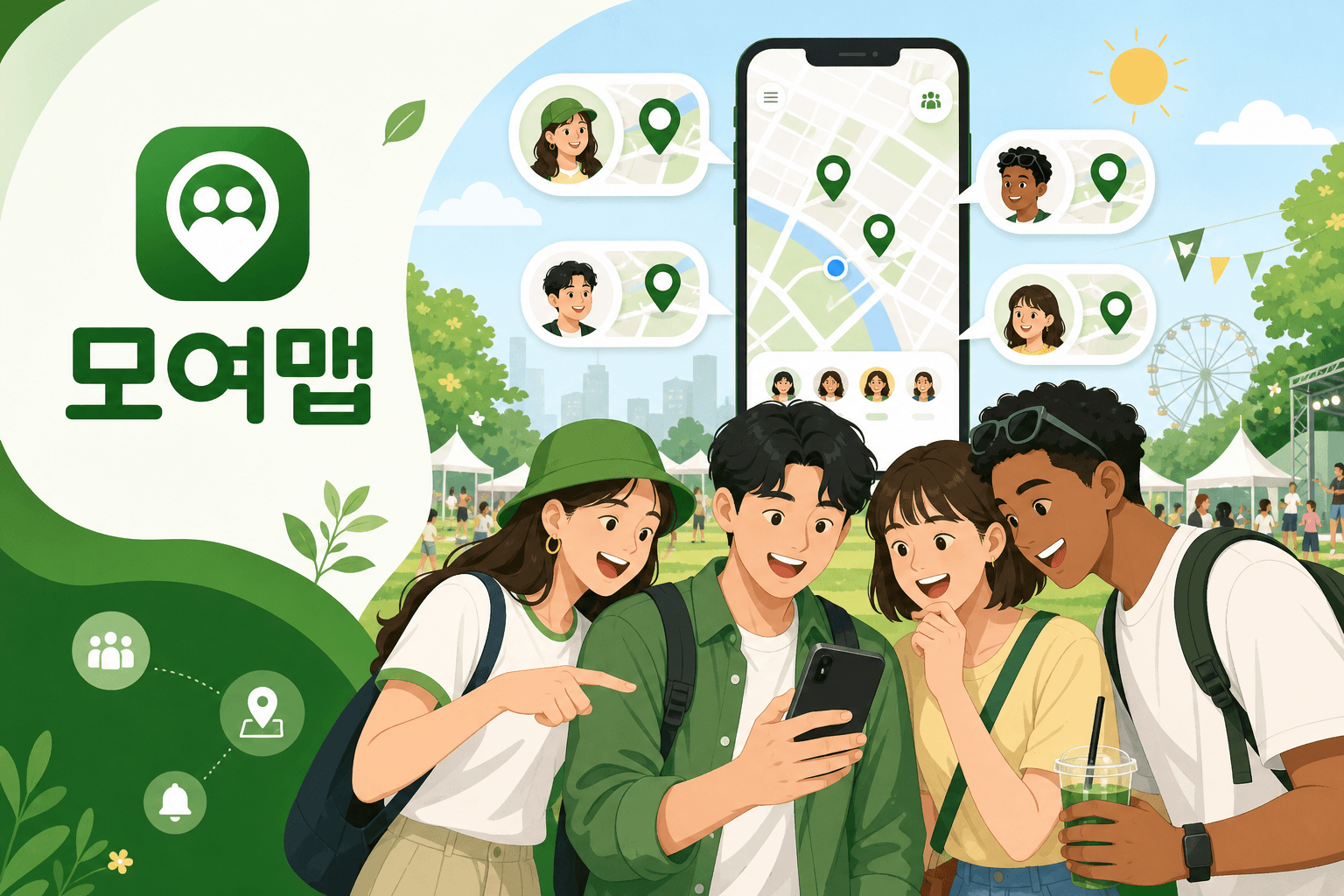 친구들과 함께 지도에서 위치를 확인하는 모여맵