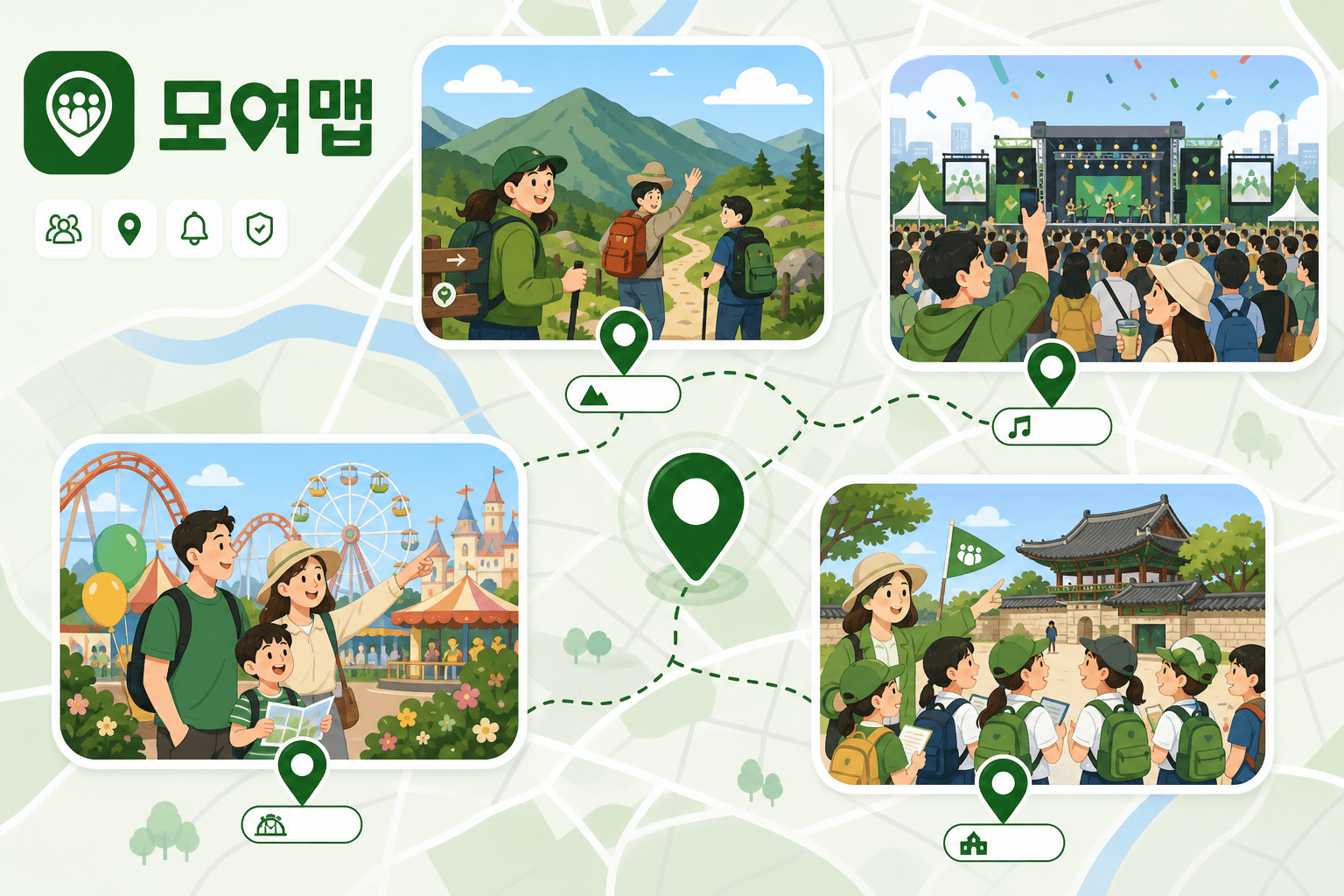 등산, 축제, 가족 나들이, 현장학습 등 모여맵 활용 장면